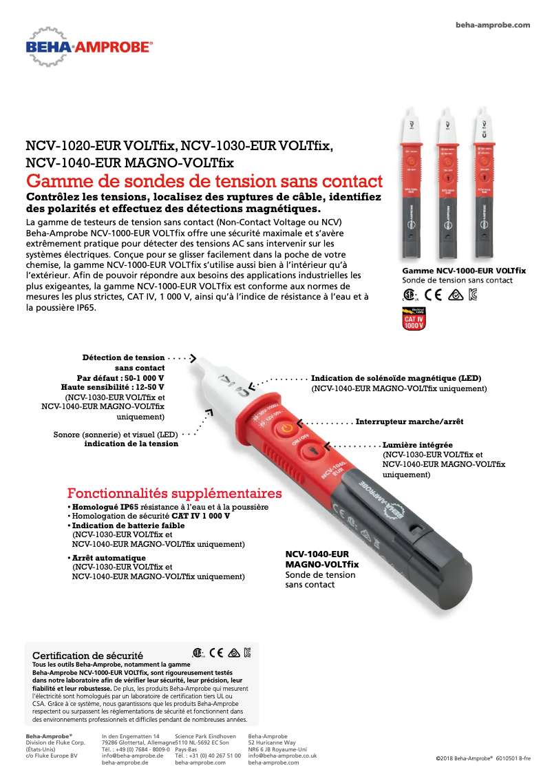 Page 1 de la notice Fiche technique Beha-Amprobe NCV-1040-EUR