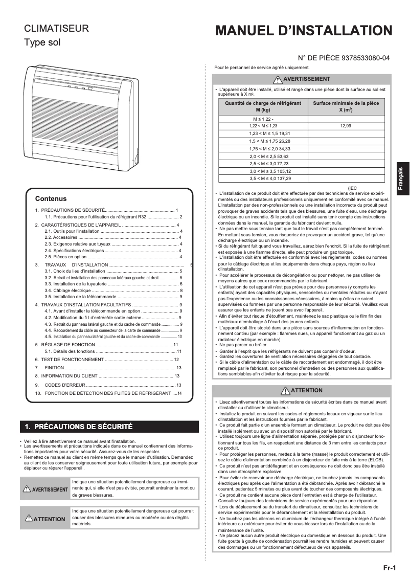 Page 1 de la notice Manuel utilisateur Fujitsu AGEG09KVCA