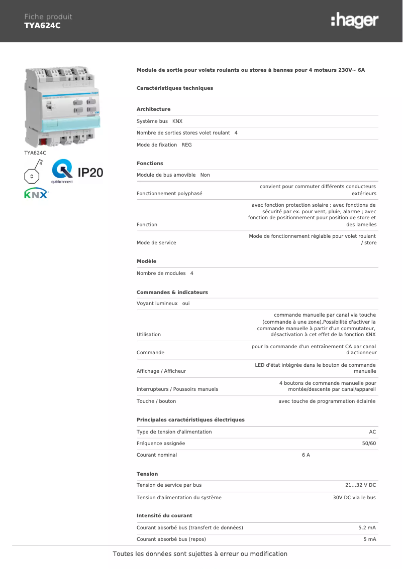Page 1 de la notice Fiche technique Hager TYA624C