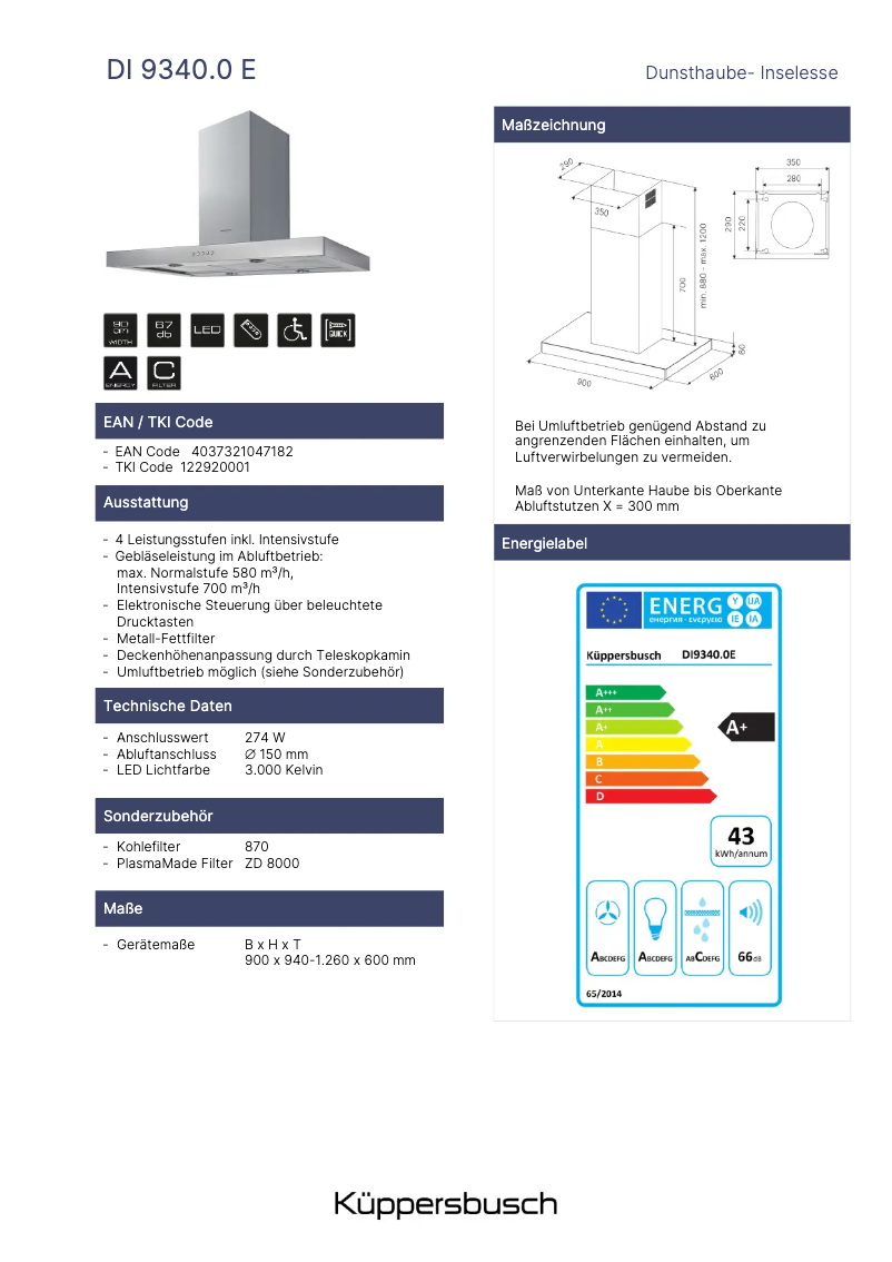 Page n°1 - Fiche technique Küppersbusch DI9340.0E