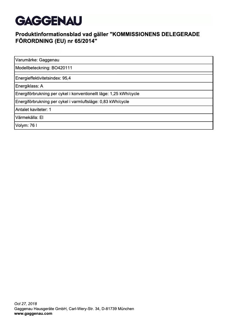 Página 1 del manual Ficha técnica Gaggenau BO420111