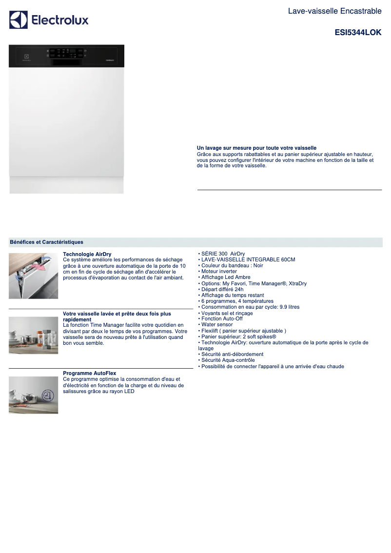 Page 1 de la notice Fiche technique Electrolux ESI5344LOK