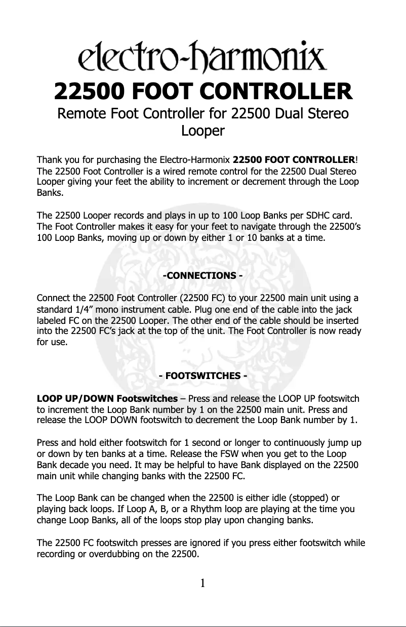 Page 1 de la notice Manuel utilisateur Electro Harmonix 22500 Foot Controller