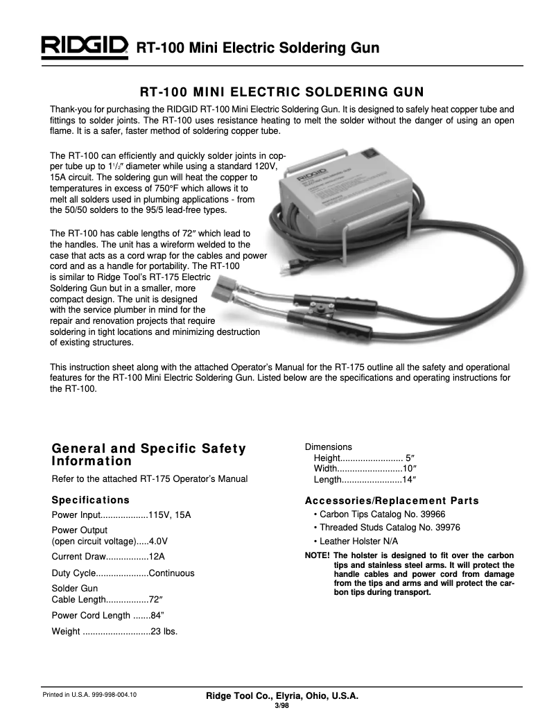 Image de la première page du manuel de l'appareil RT-100