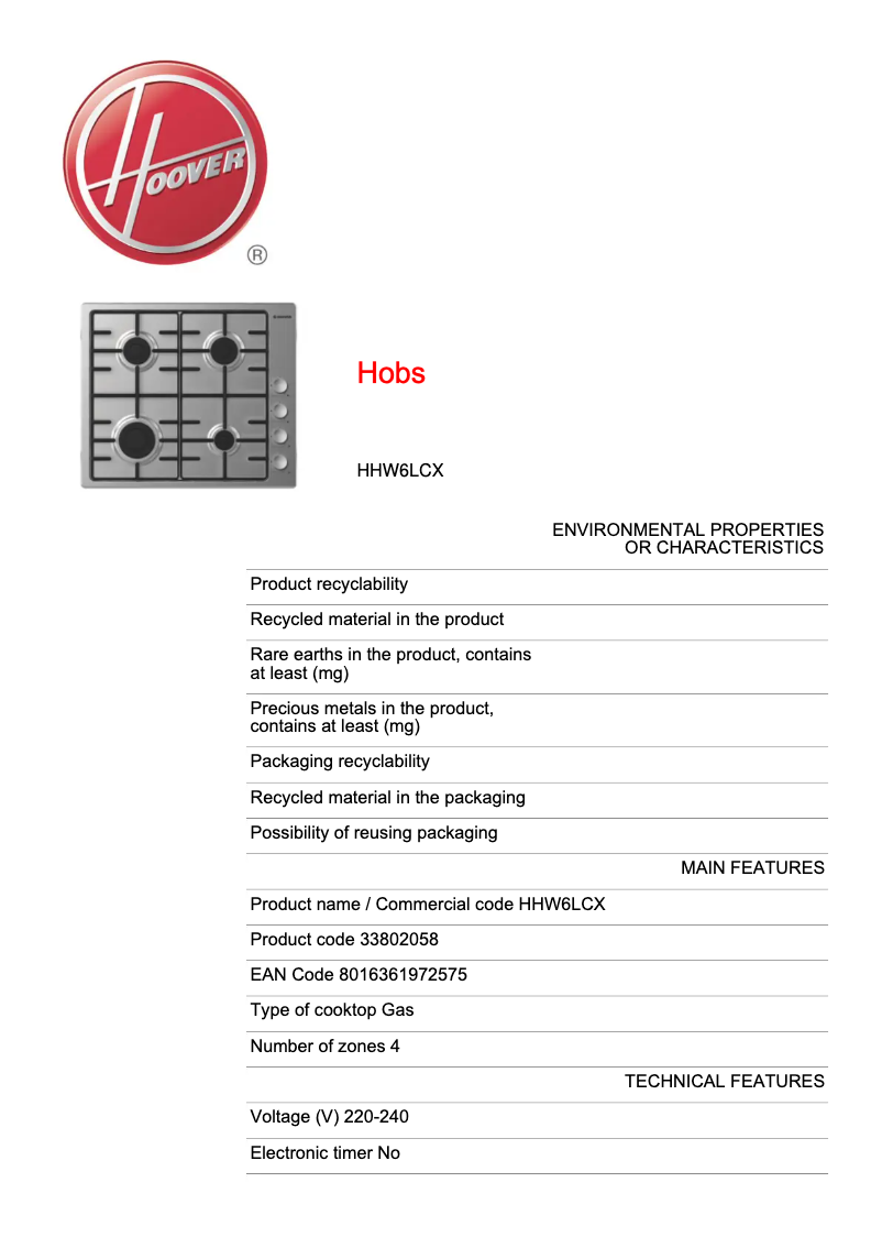 Page n°1 - Fiche technique Hoover HHW6LCX