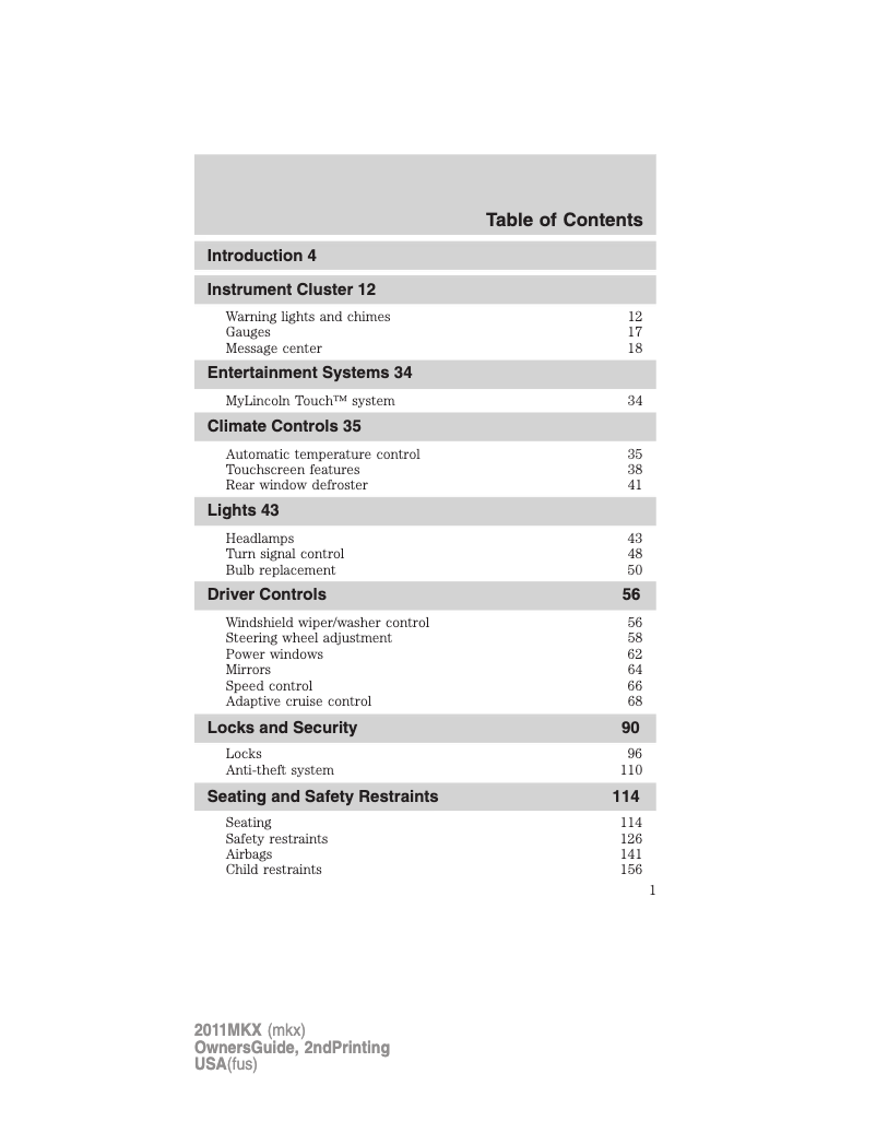 Page n°1 - Manuel utilisateur Lincoln MKX (2011)
