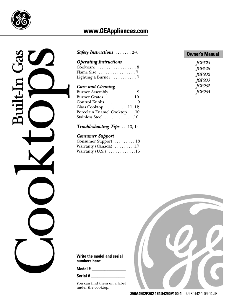 Image de la première page du manuel de l'appareil Profile JGP962KEDCC