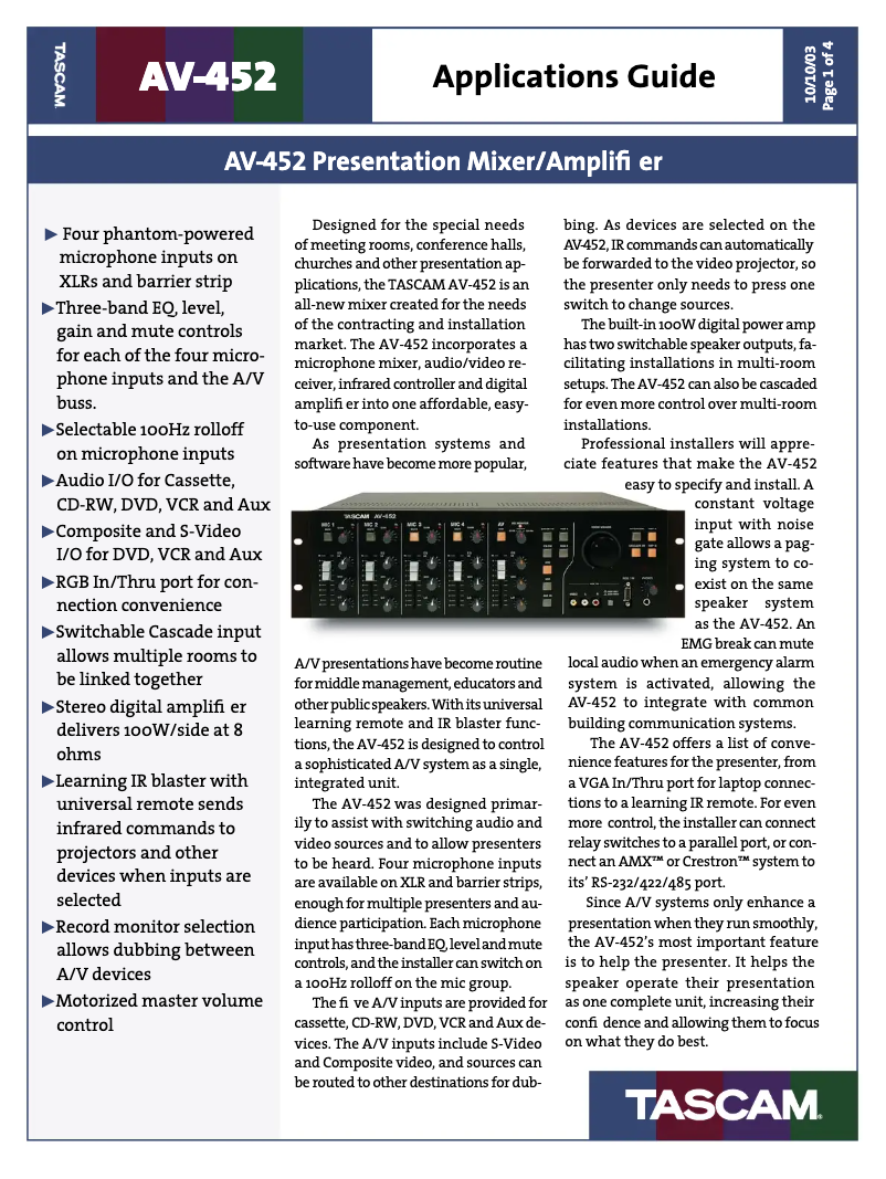 Page n°1 - Manuel utilisateur Tascam AV-452