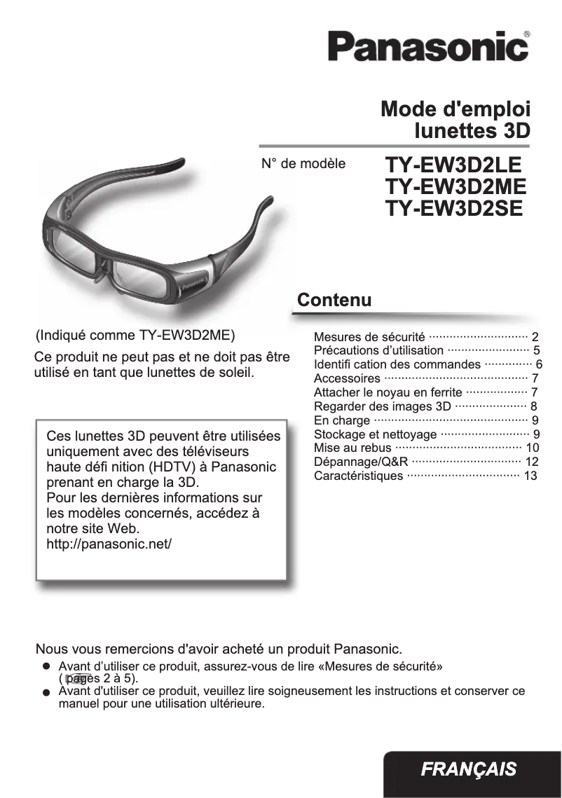 Image de la première page du manuel de l'appareil TY-EW3D2LE