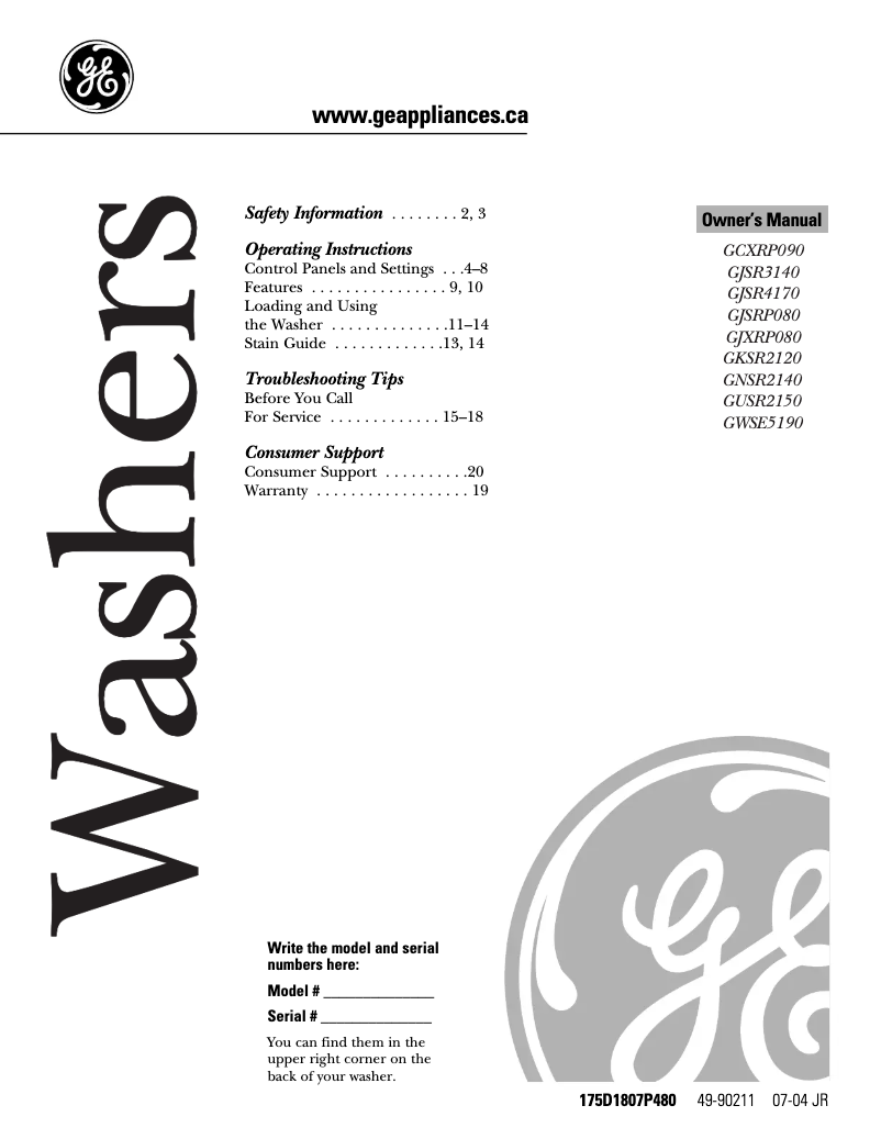 Page 1 de la notice Manuel utilisateur GE GJSR3140DWW