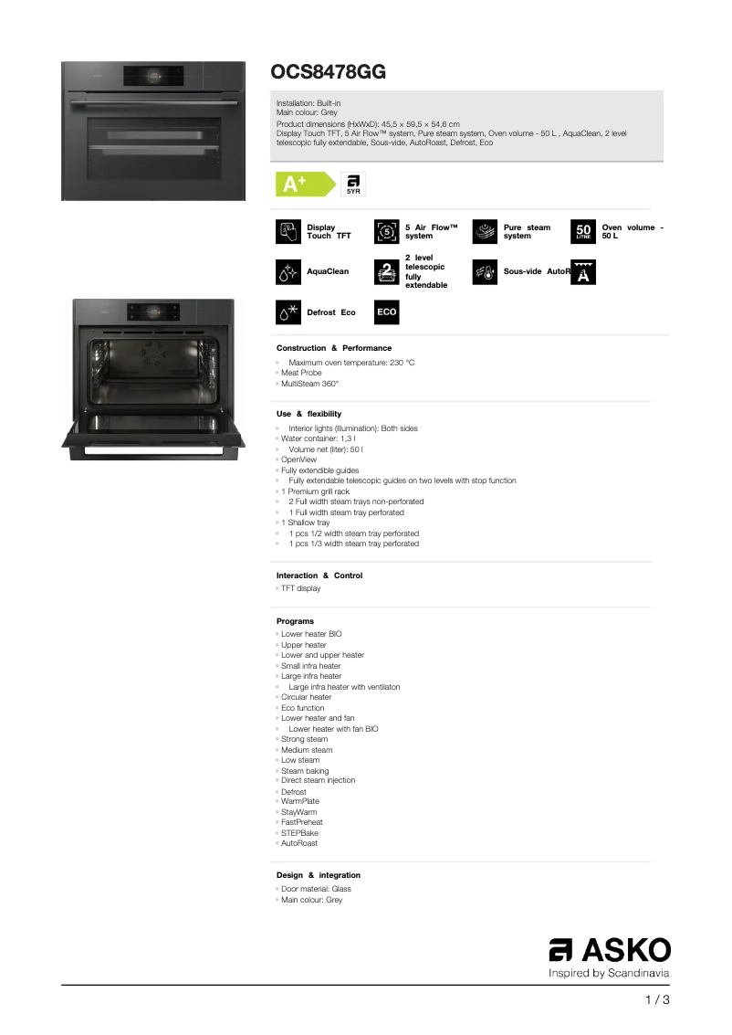 Page 1 de la notice Fiche technique Asko OCS8478GG