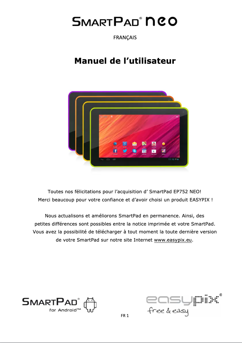 Page 1 de la notice Manuel utilisateur Easypix SmartPad EP752 Neo