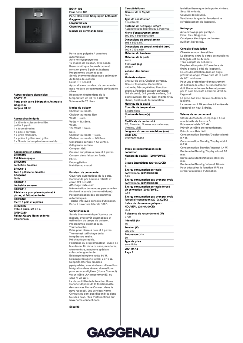 Page 1 de la notice Fiche technique Gaggenau BO471102