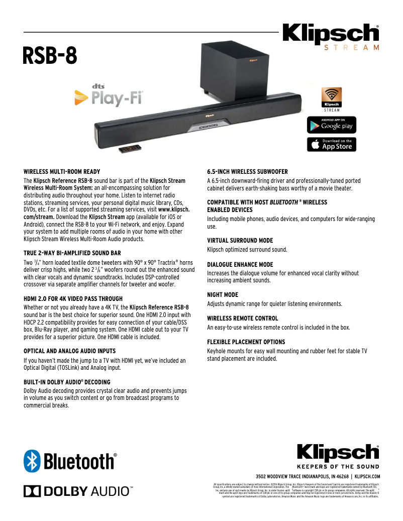 Page 1 de la notice Fiche technique Klipsch RSB-8