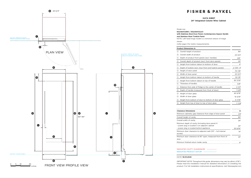 Page 1 de la notice Fiche technique Fisher & Paykel RS2484VL2K1