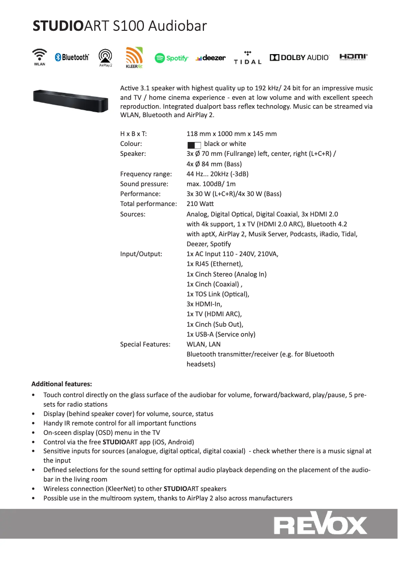 Page 1 de la notice Fiche technique Revox Studioart S100