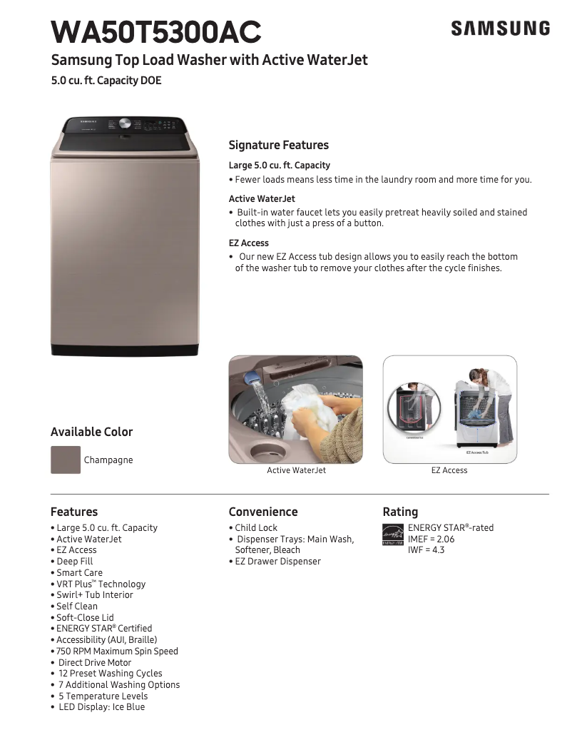 Page 1 de la notice Fiche technique Samsung WA50T5300AC/US