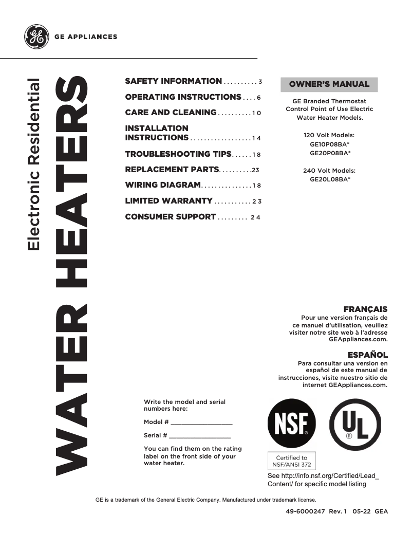 Page 1 de la notice Manuel d'utilisation et d'entretien GE GE20P08BAR