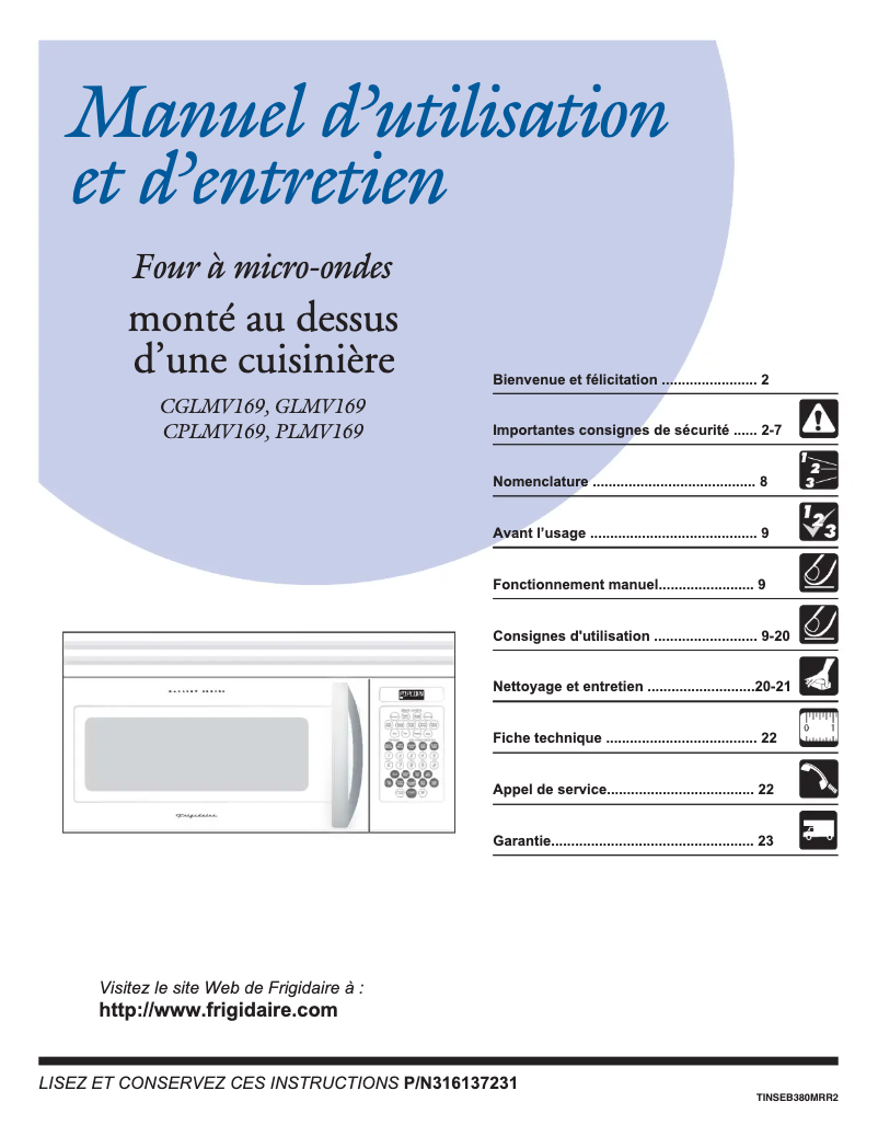Page n°1 - Manuel utilisateur Frigidaire GLMV169DB