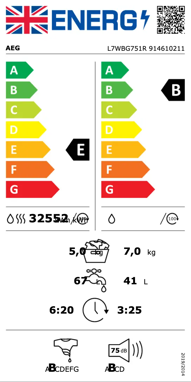 Page 1 de la notice Label énergétique AEG L7WBG751R