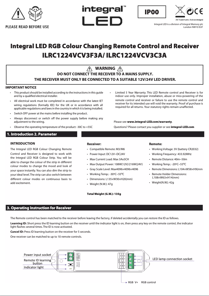 Page 1 de la notice Manuel utilisateur Integral LED ILRC1224VCV3C3A