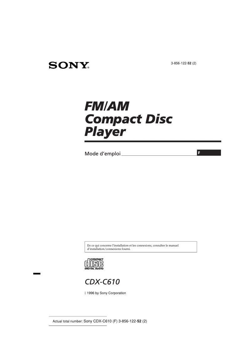 Page 1 de la notice Manuel utilisateur Sony CDX-C610