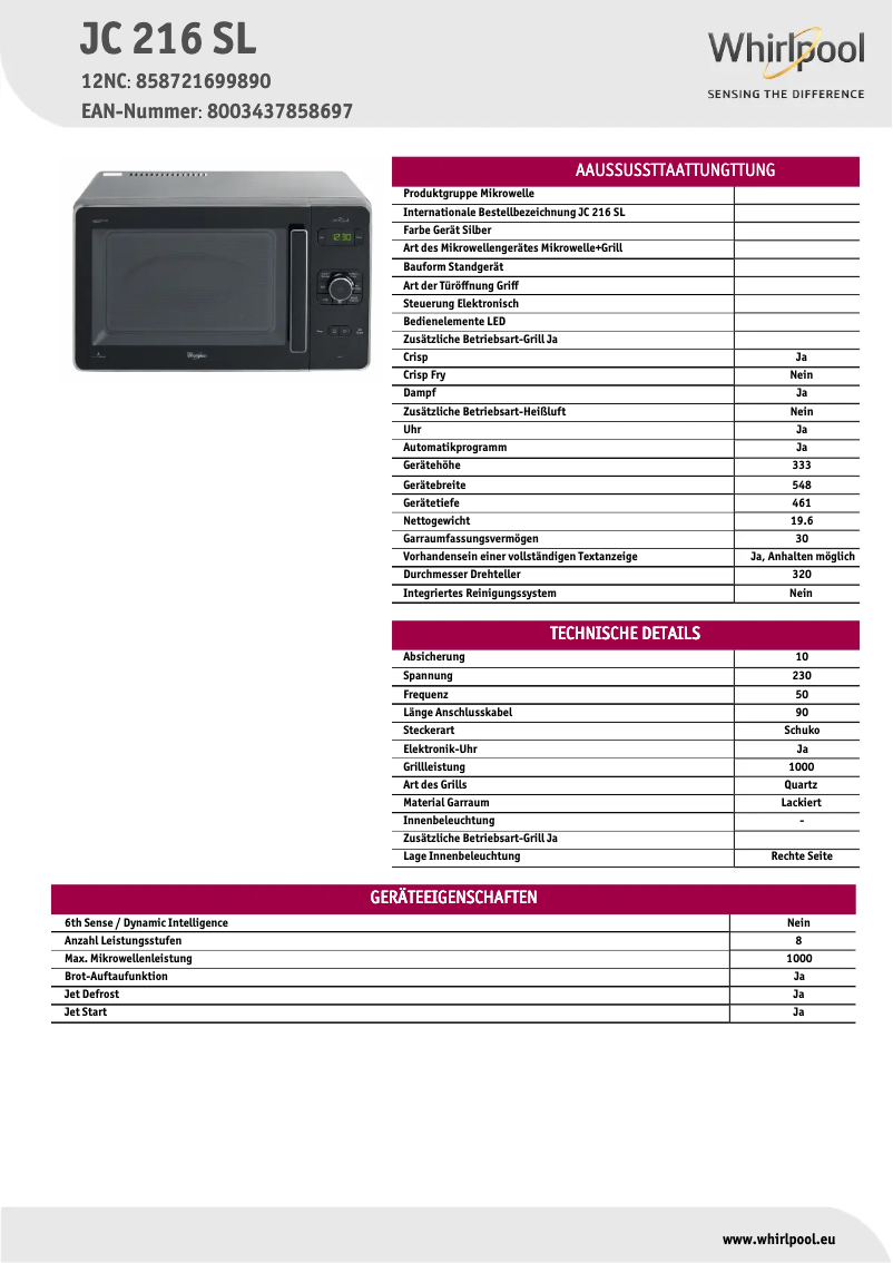 Page 1 de la notice Fiche technique Whirlpool JC 216 SL