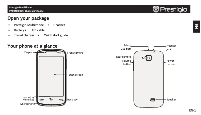 Page 1 de la notice Guide de démarrage rapide Prestigio MultiPhone 3400 Duo