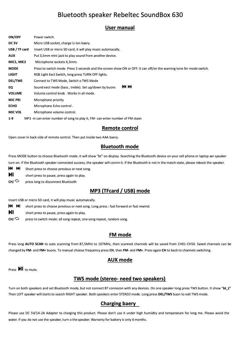 Page 1 of the manual User Manual Rebeltec SoundBox 630