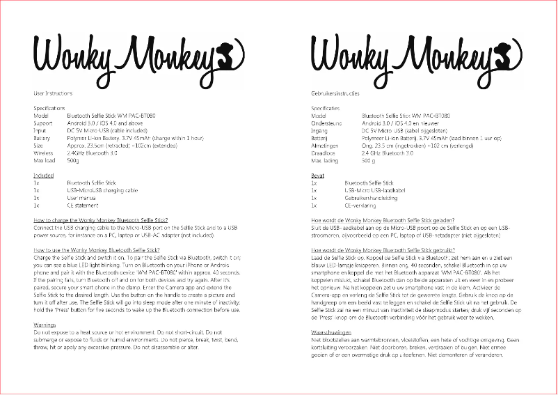 Page 1 de la notice Manuel utilisateur Wonky Monkey WM PAC-BT85
