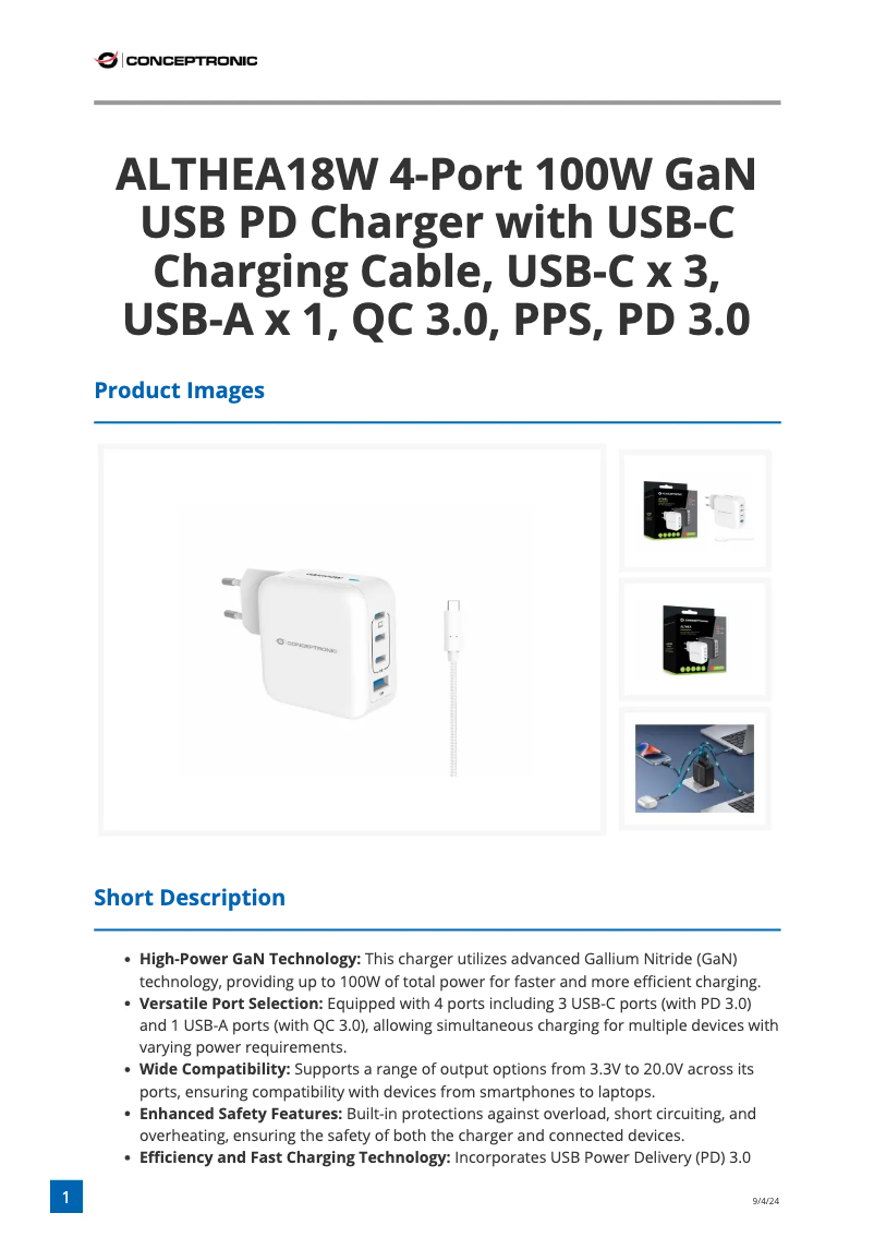 Page 1 de la notice Fiche technique Equip ALTHEA18W