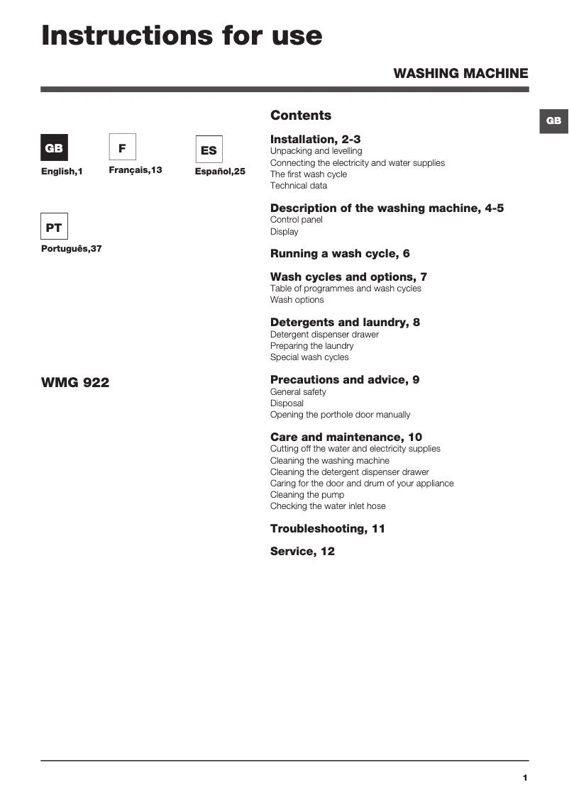 Image de la première page du manuel de l'appareil WMG 922X EU