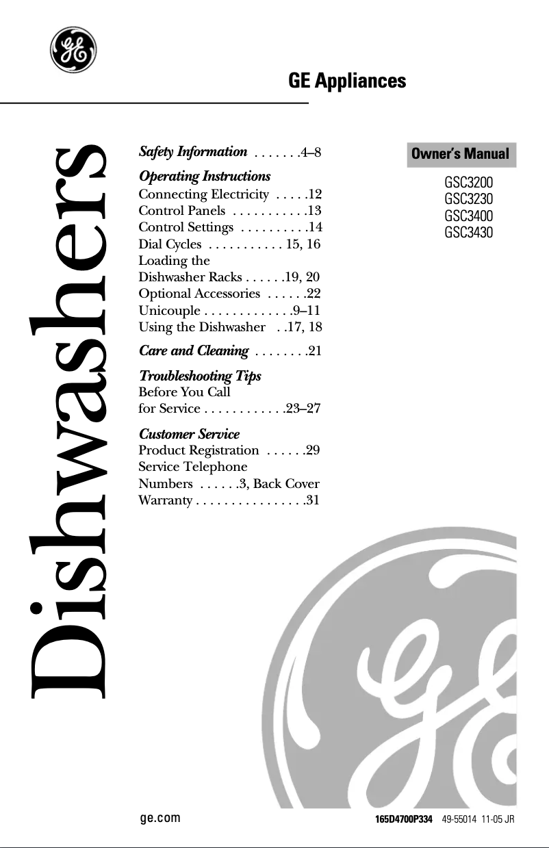 Page n°1 - Manuel d'utilisation et d'entretien GE GSC3400JWW