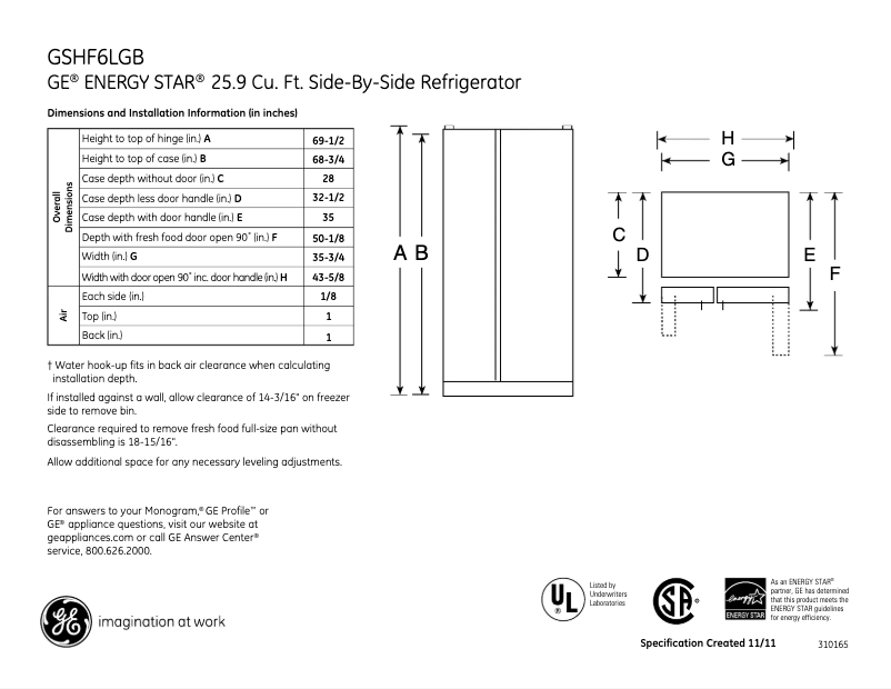 Page 1 de la notice Fiche technique GE GSHF6LGBWW