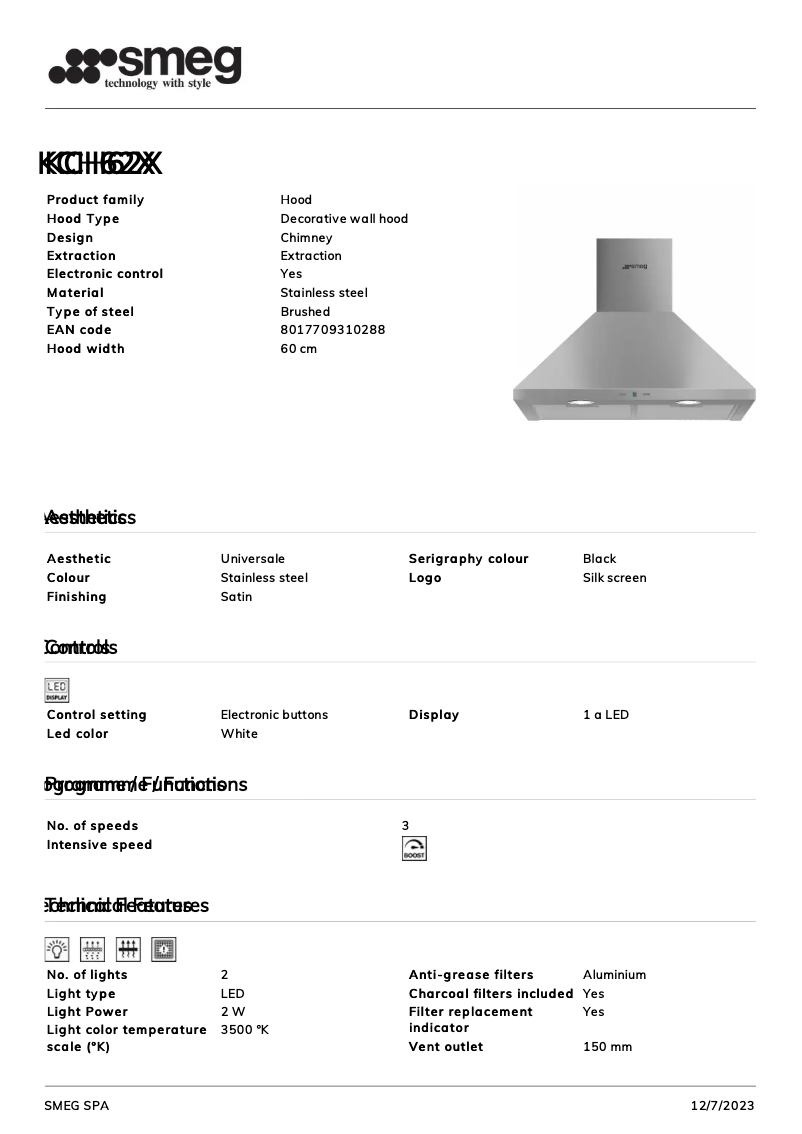 Page 1 de la notice Fiche technique Smeg KCH62X