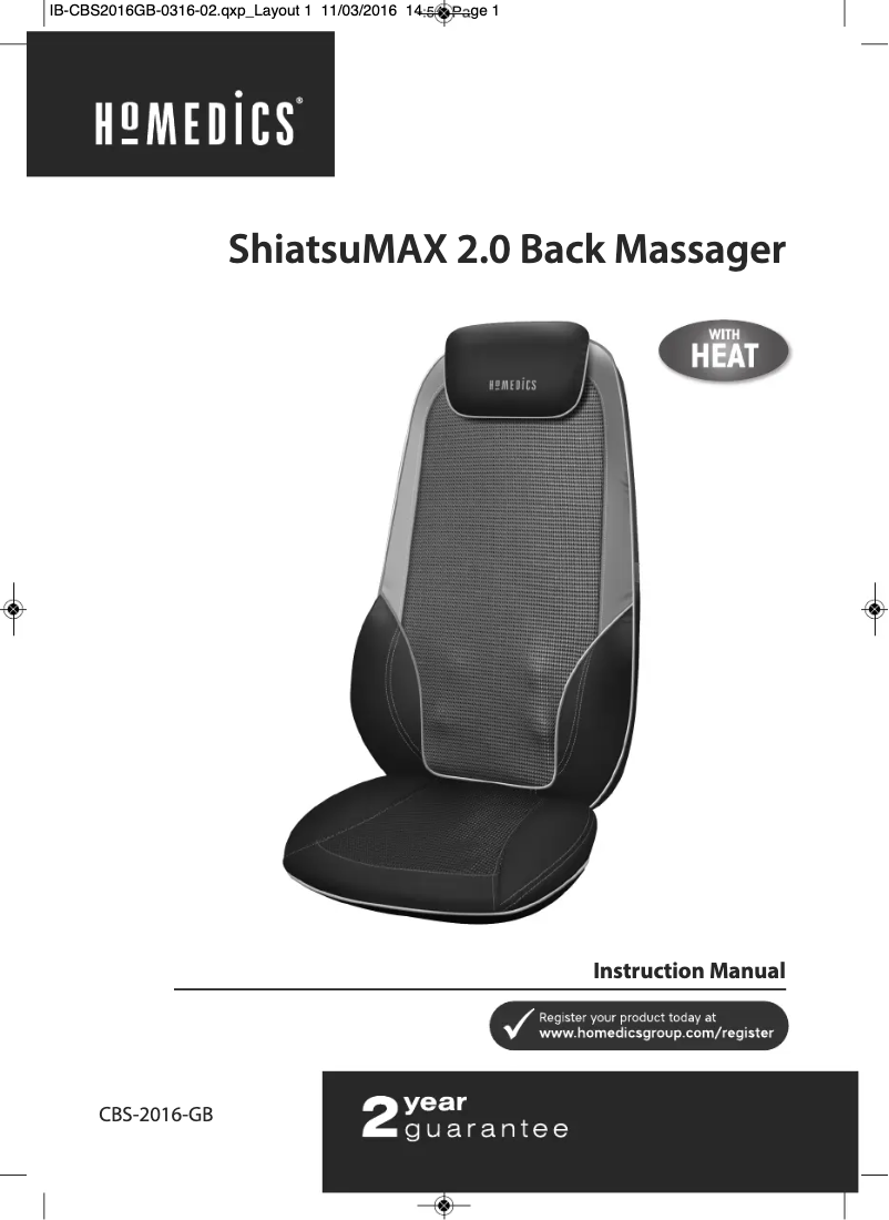 Image de la première page du manuel de l'appareil ShiatsuMAX 2.0 CBS-2016-GB