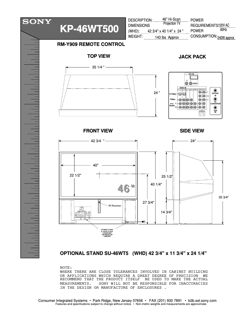 Page 1 de la notice Guide d'installation Sony KP-46WT500