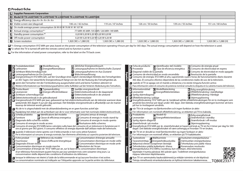 Page n°1 - Fiche technique Panasonic Viera TX-L47DT60E