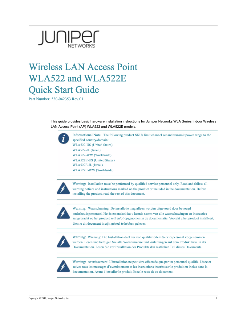 Page n°1 - Manuel utilisateur Juniper WLA522
