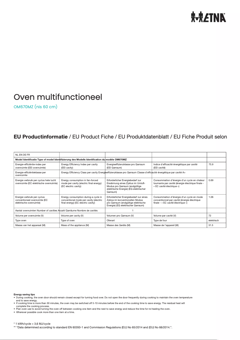 Page 1 de la notice Fiche technique Etna OM670MZ