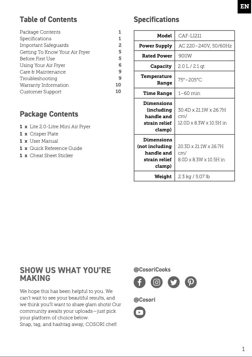 Page n°1 - Manuel utilisateur Cosori CAF-LI211