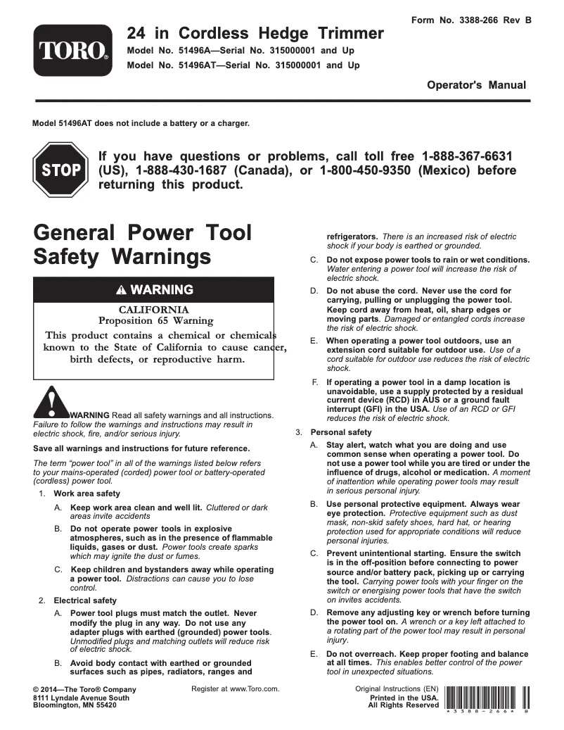 Página 1 del manual Manual de usuario Toro 51498T