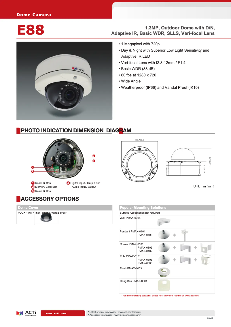 Page 1 de la notice Fiche technique ACTi E88