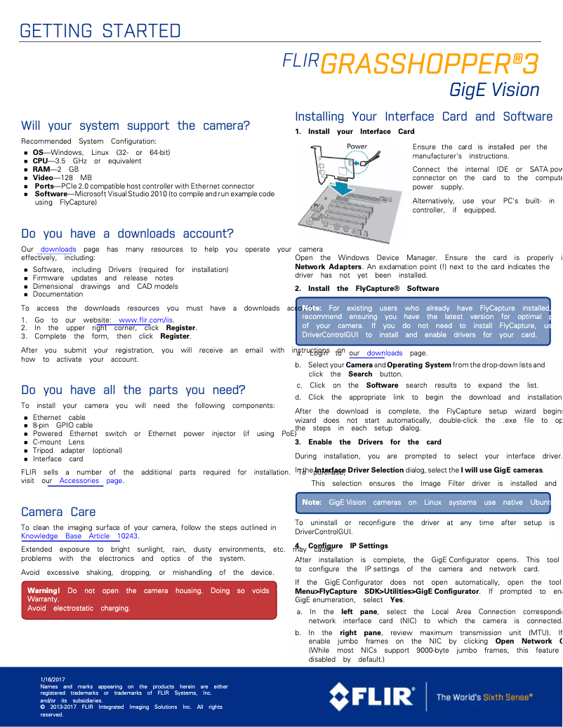 Page 1 de la notice Manuel utilisateur FLIR Grasshopper3