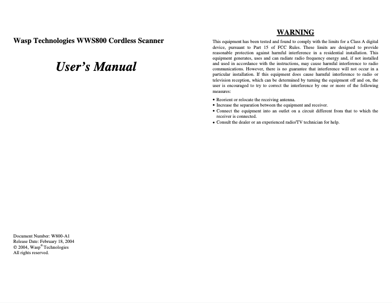 Image de la première page du manuel de l'appareil WWS800