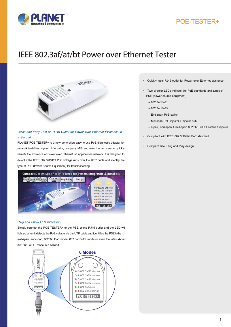 Page 1 de la notice Manuel utilisateur Planet POE-TESTER+
