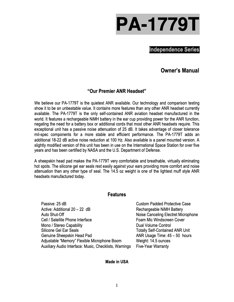 Page 1 de la notice Manuel utilisateur Pilot PA-1779TB