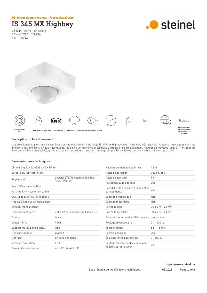 Page 1 de la notice Fiche technique Steinel IS 345 MX KNX
