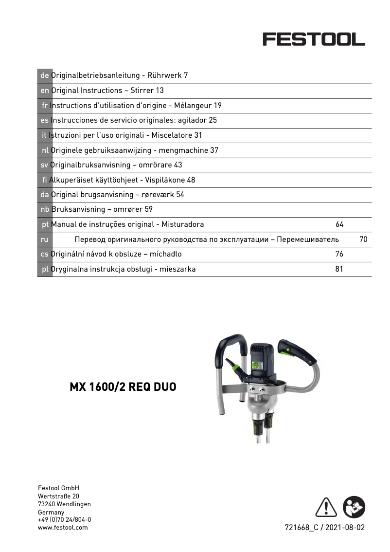 Page 1 de la notice Manuel utilisateur Festool MX 1600/2 REQ DUO