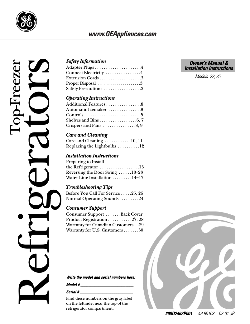 Page 1 de la notice Manuel d'utilisation et d'entretien GE Profile Arctica PTS22LBMWW